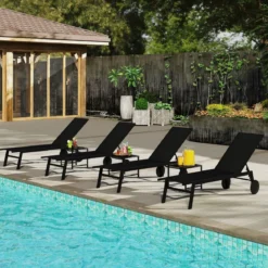 Sonnenliege mit Rollen & Beistelltisch Gartenliege mit Verstellbarer Rückenlehne & StoffSchwarz