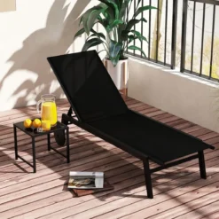 Sonnenliege mit Rollen & Beistelltisch Gartenliege mit Verstellbarer Rückenlehne & StoffSchwarz