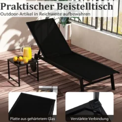 Sonnenliege mit Rollen & Beistelltisch Gartenliege mit Verstellbarer Rückenlehne & StoffSchwarz