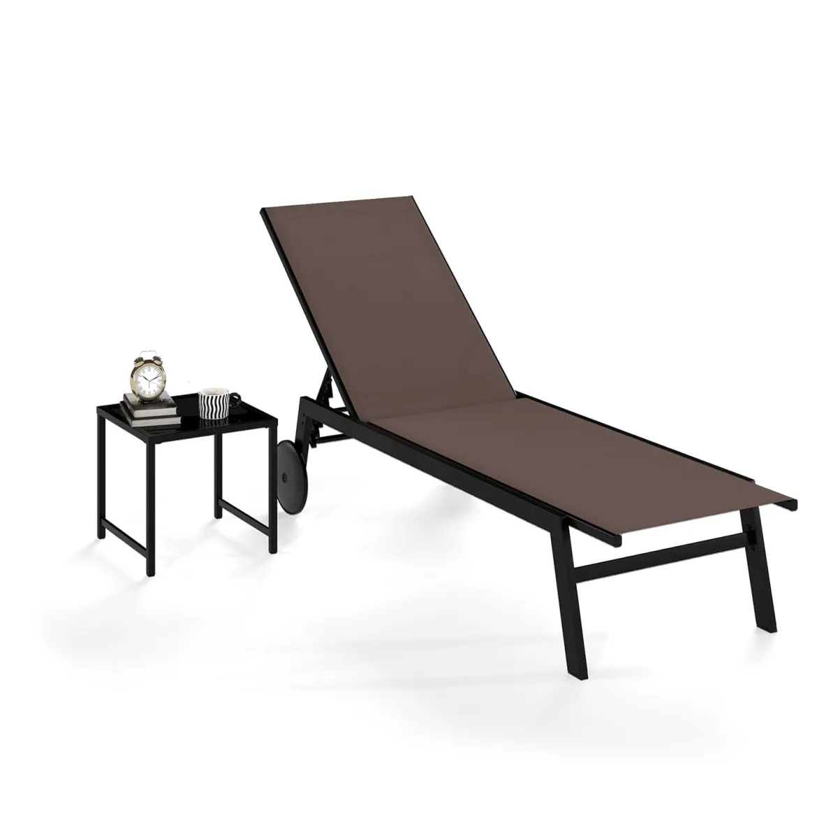 Sonnenliege mit Rollen & Beistelltisch Gartenliege mit Verstellbarer Rückenlehne & StoffBraun