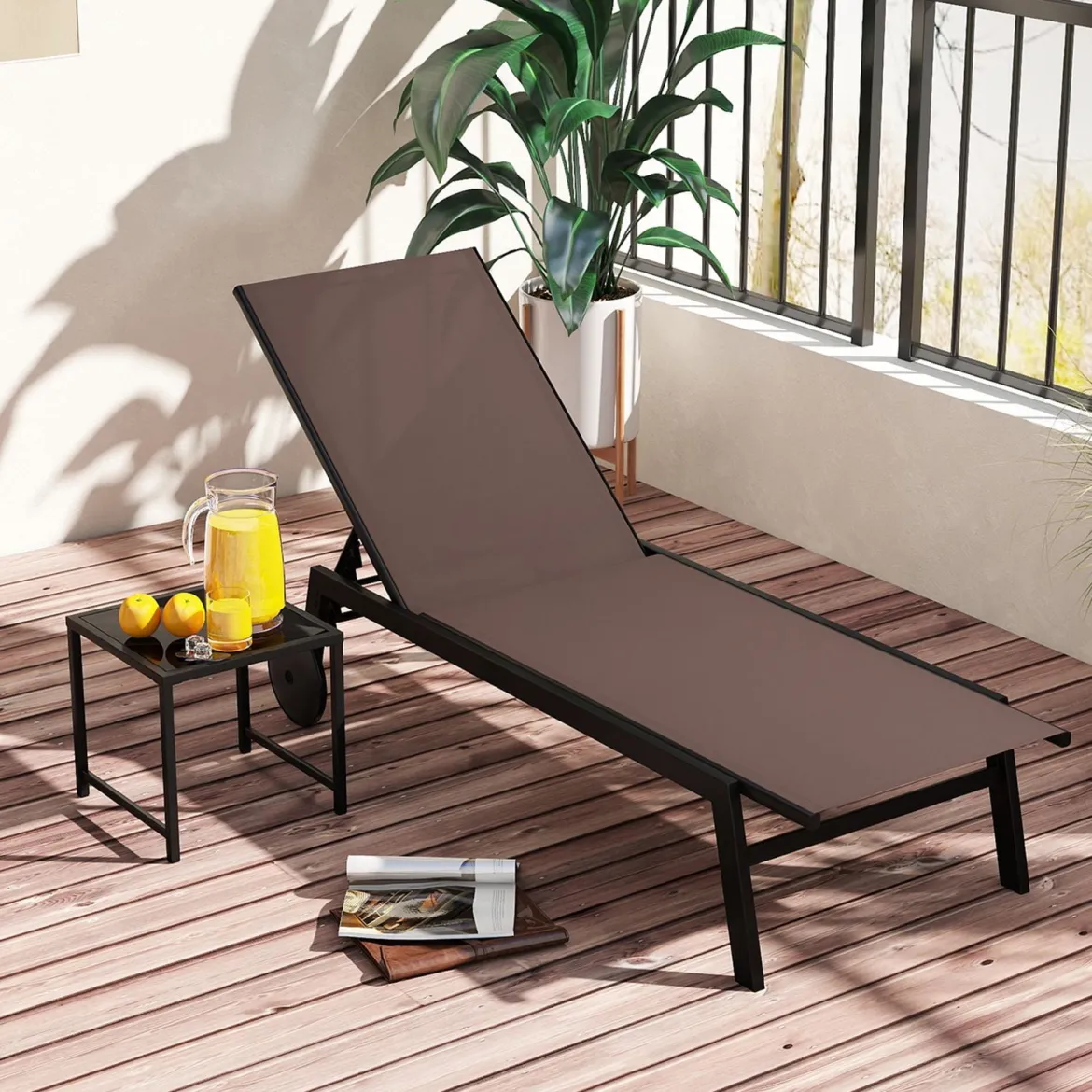 Sonnenliege mit Rollen & Beistelltisch Gartenliege mit Verstellbarer Rückenlehne & StoffBraun