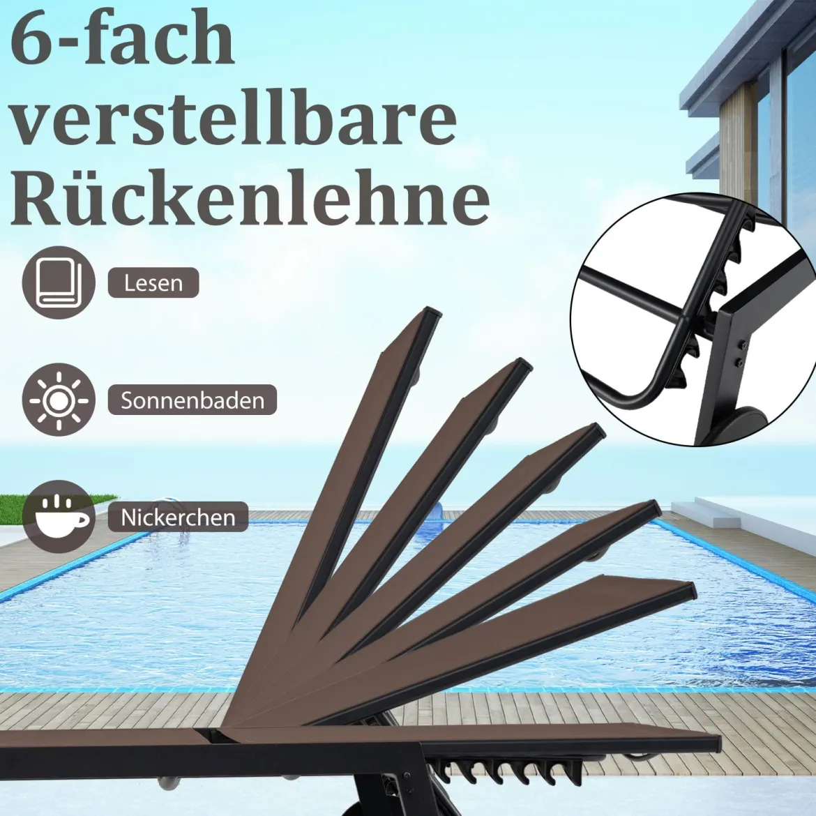 Sonnenliege mit Rollen & Beistelltisch Gartenliege mit Verstellbarer Rückenlehne & StoffBraun