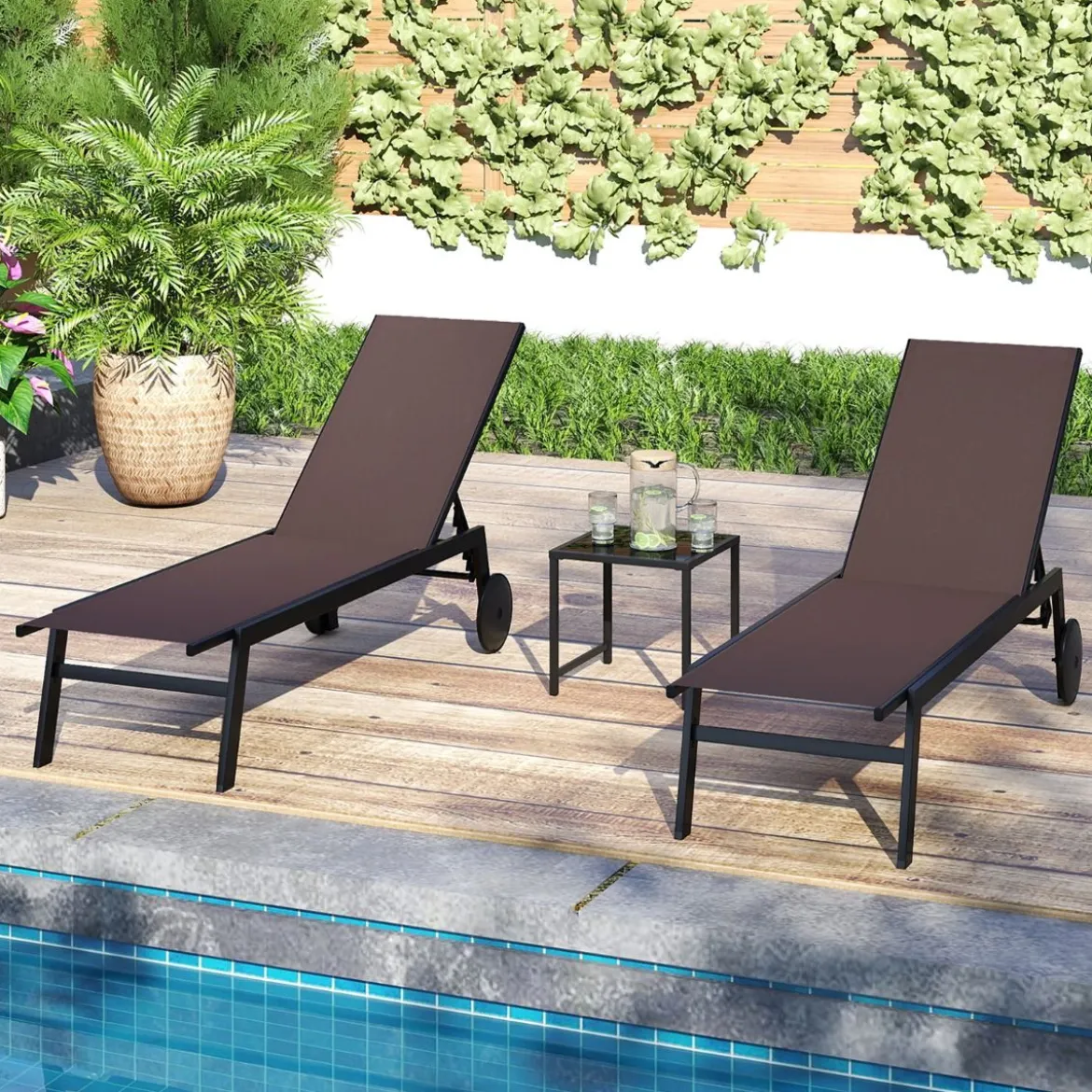 Sonnenliege mit Rollen & Beistelltisch Gartenliege mit Verstellbarer Rückenlehne & StoffBraun