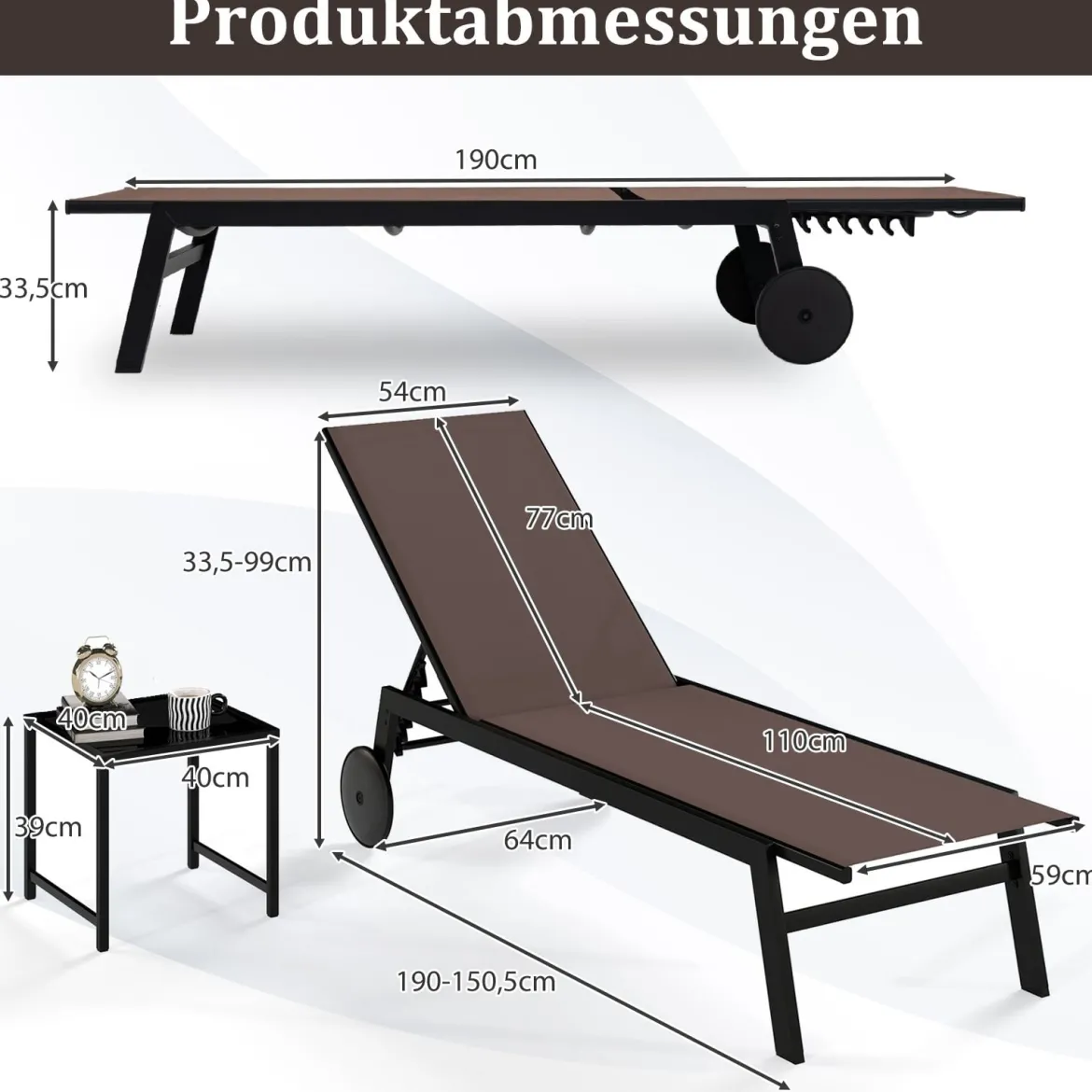 Sonnenliege mit Rollen & Beistelltisch Gartenliege mit Verstellbarer Rückenlehne & StoffBraun
