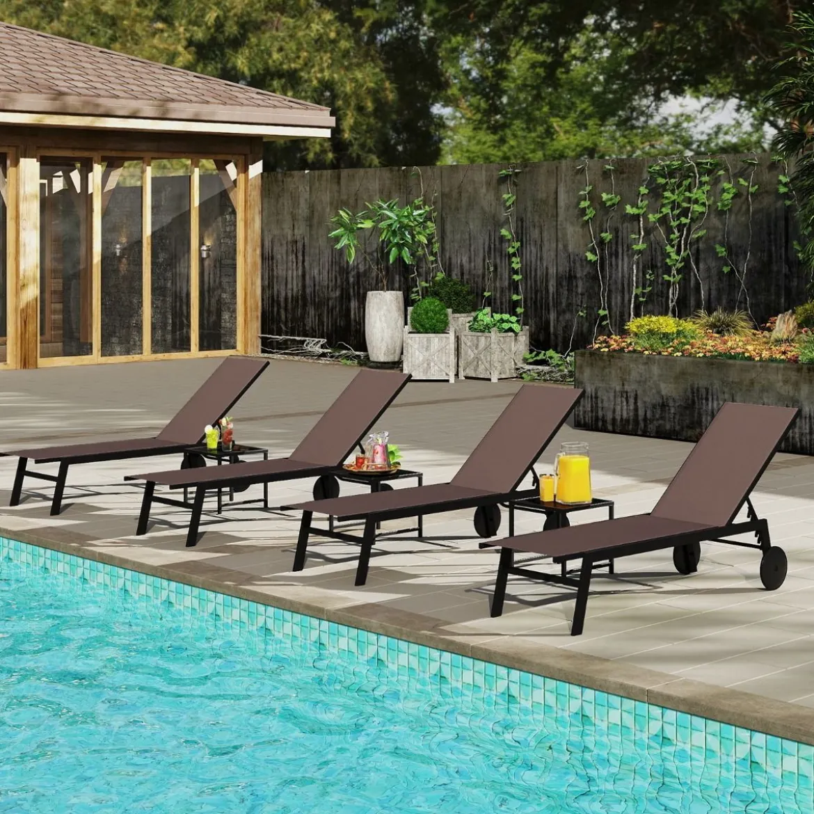 Sonnenliege mit Rollen & Beistelltisch Gartenliege mit Verstellbarer Rückenlehne & StoffBraun