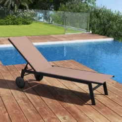 Sonnenliege mit Rollen Gartenliege mit Verstellbarer Rückenlehne Liegestuhl Braun/Grau/Schwarz