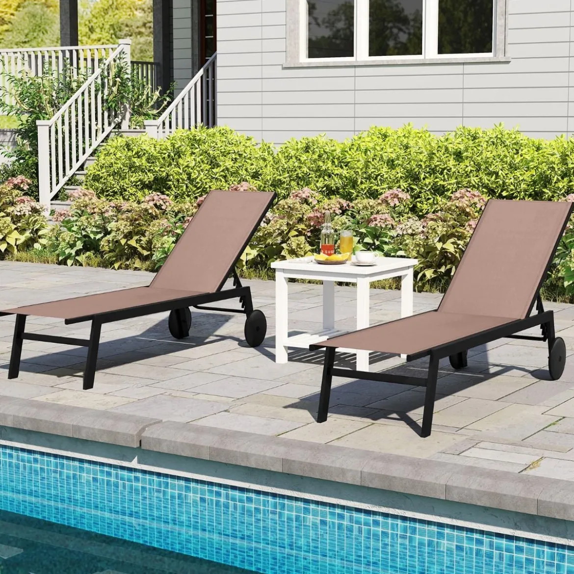 Sonnenliege mit Rollen Gartenliege mit Verstellbarer Rückenlehne Liegestuhl Braun/Grau/Schwarz