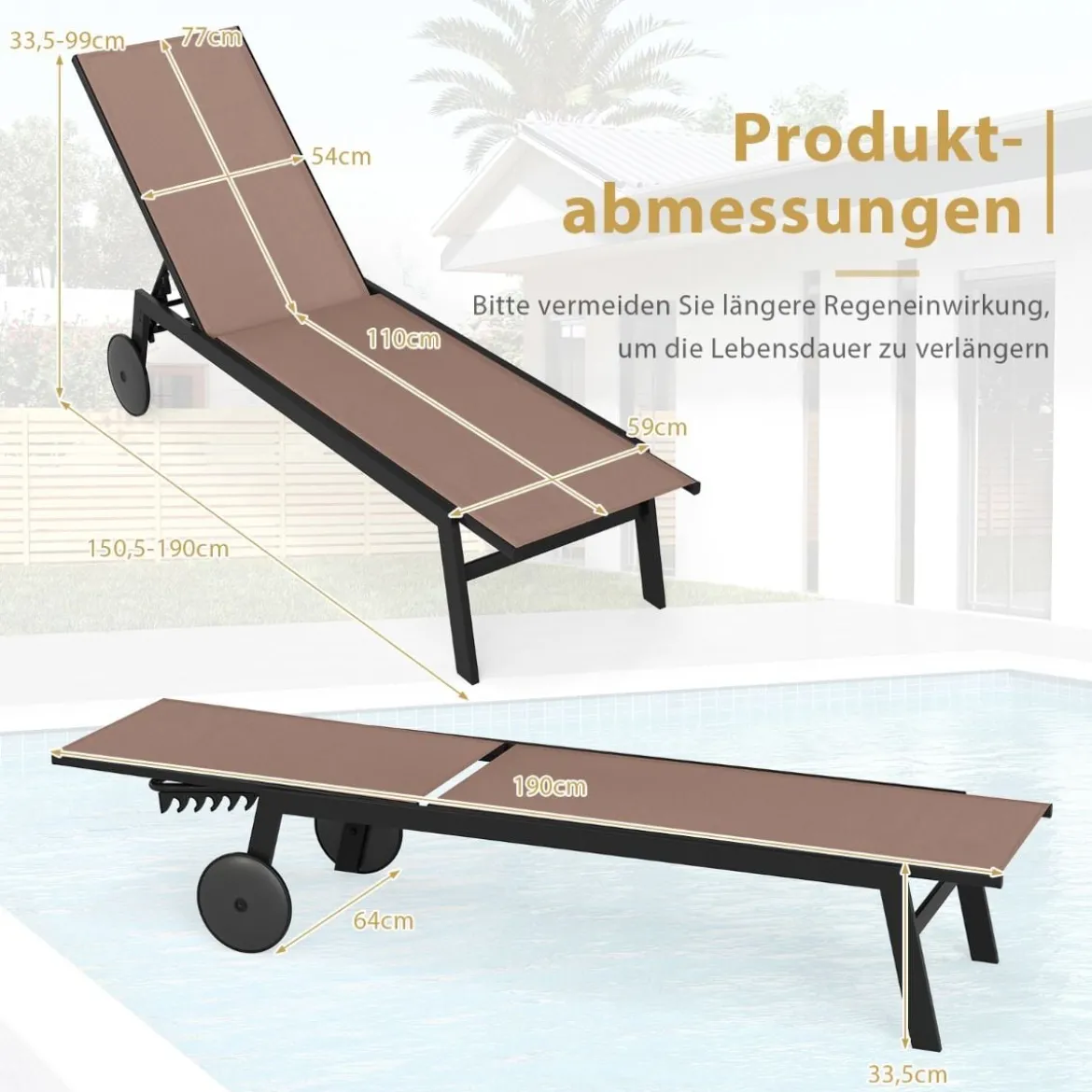 Sonnenliege mit Rollen Gartenliege mit Verstellbarer Rückenlehne Liegestuhl Braun/Grau/Schwarz