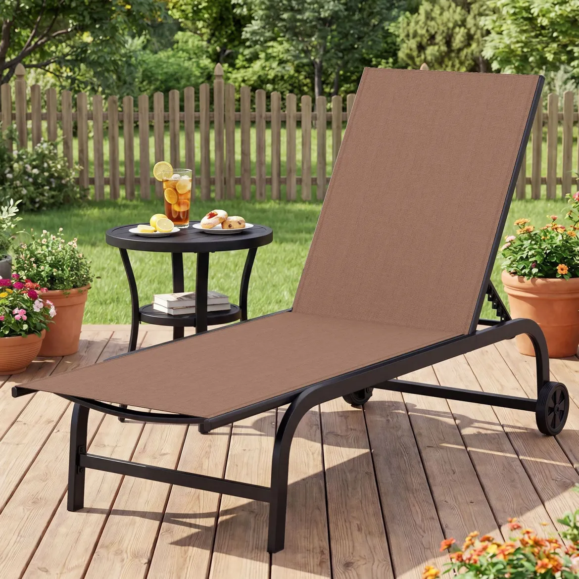Sonnenliege mit Rollen Robuste Gartenliege mit 6-Fach Verstellbare Rückenlehne bis 180° Flach