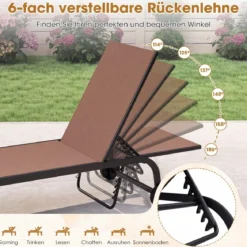 Sonnenliege mit Rollen Robuste Gartenliege mit 6-Fach Verstellbare Rückenlehne bis 180° Flach