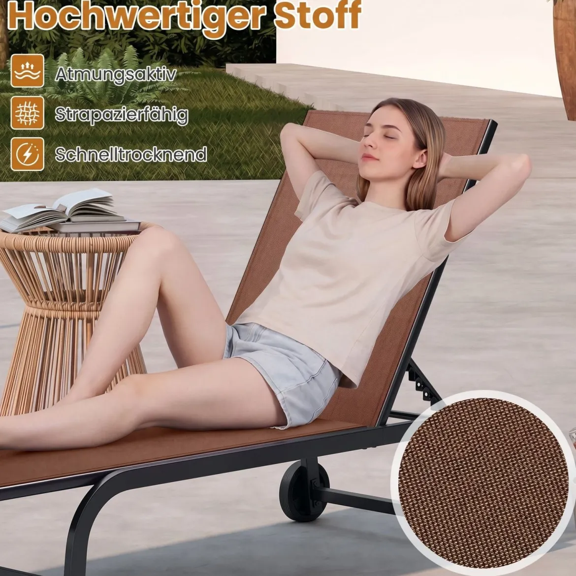 Sonnenliege mit Rollen Robuste Gartenliege mit 6-Fach Verstellbare Rückenlehne bis 180° Flach