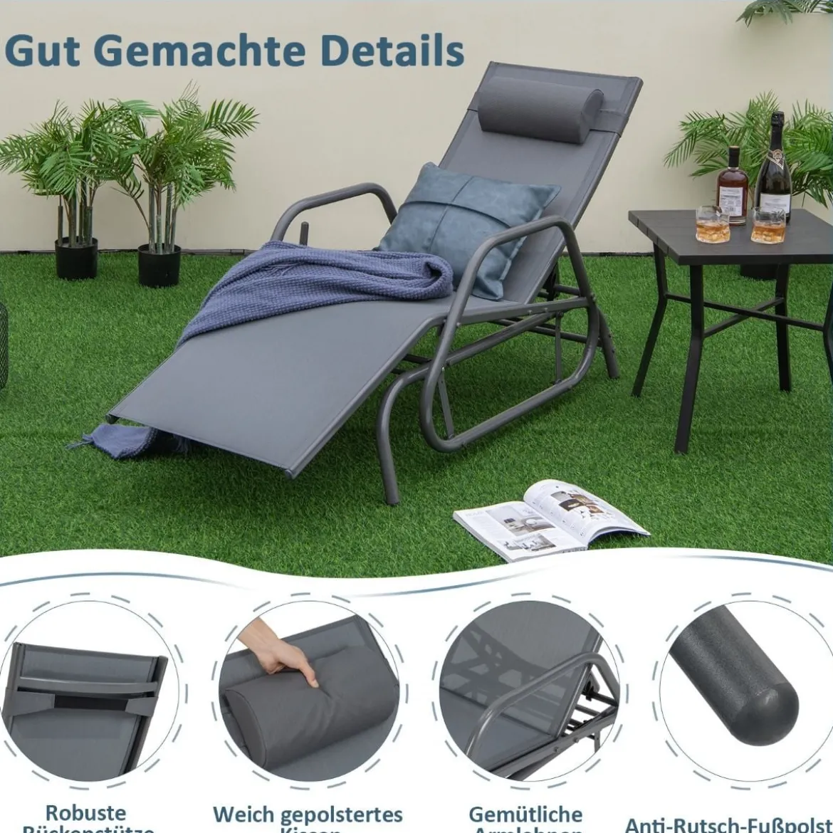 Sonnenliege mit Schaukelfunktion Gartenliege mit Verstellbarer Rückenlehne Grau