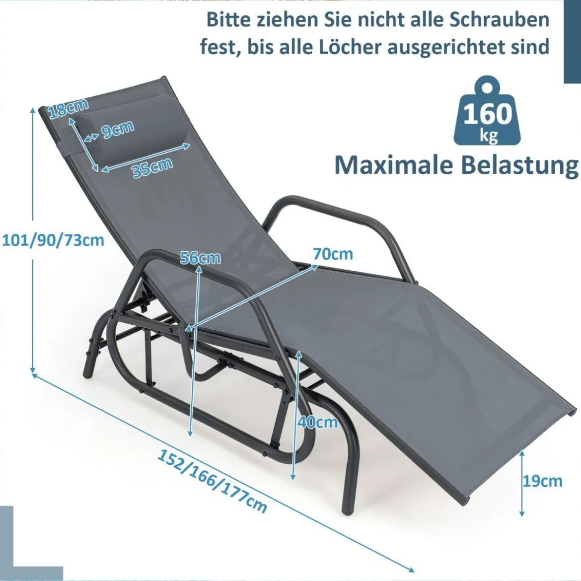 Sonnenliege mit Schaukelfunktion Gartenliege mit Verstellbarer Rückenlehne Grau