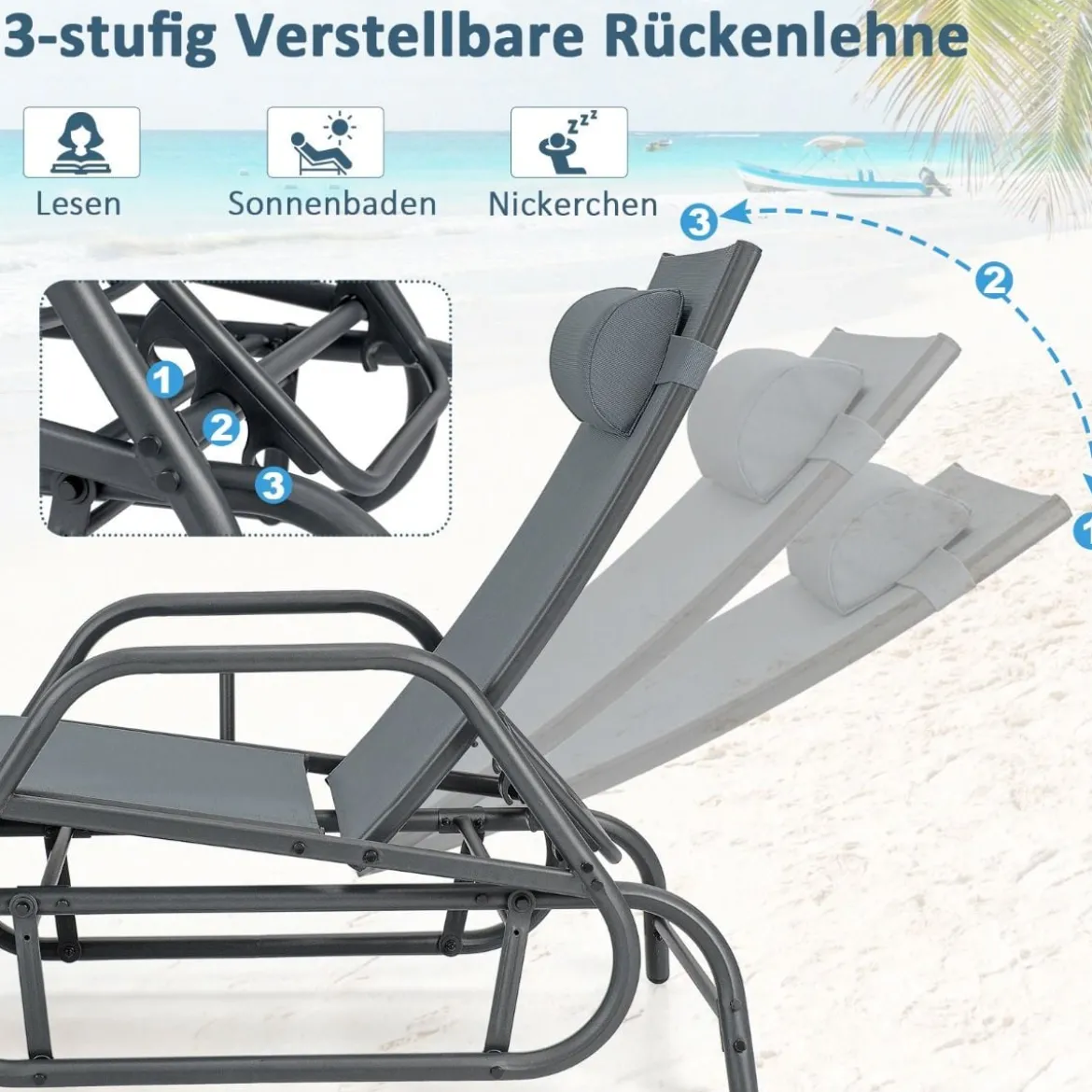 Sonnenliege mit Schaukelfunktion Gartenliege mit Verstellbarer Rückenlehne Grau