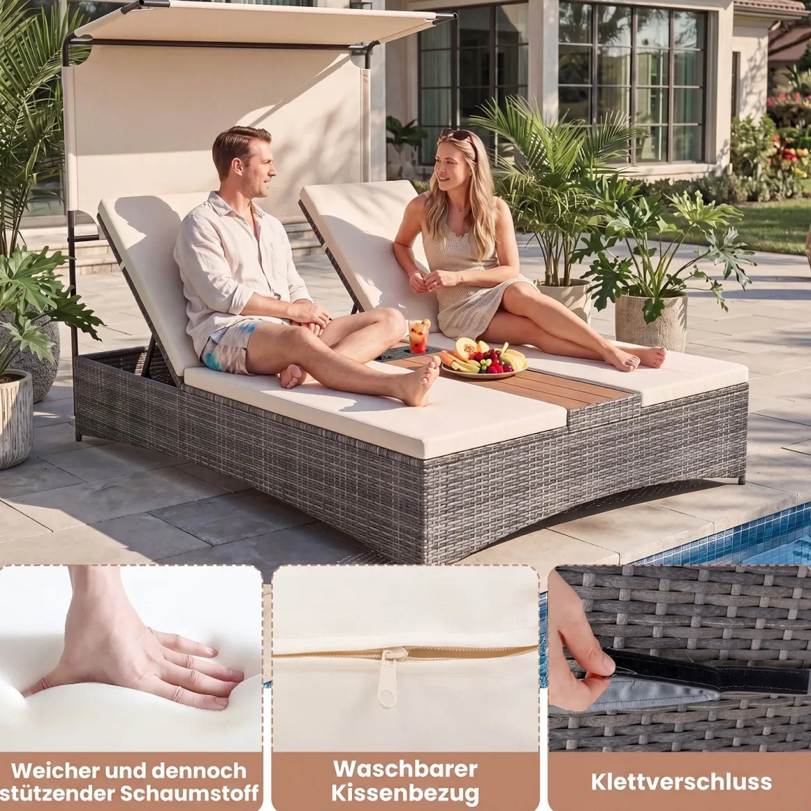 Sonnenliege 2 Personen Gartenliege mit Auflagen Doppelliege mit 5-Fach Verstellbarer Rückenlehne Grau/Beige
