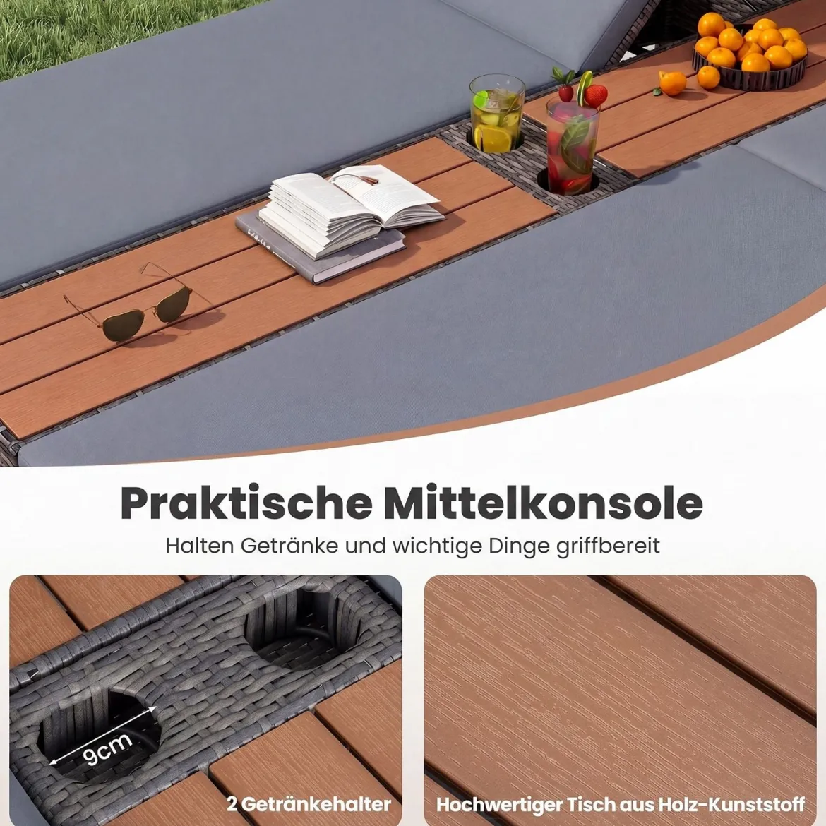Sonnenliege 2 Personen Gartenliege mit Auflagen Doppelliege mit 5-Fach Verstellbarer Rückenlehne Grau/Beige