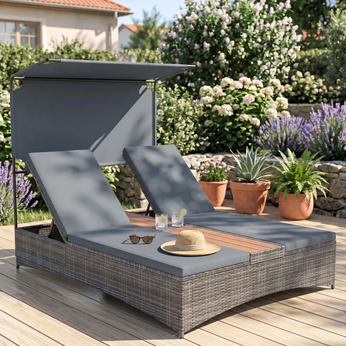 Sonnenliege 2 Personen Gartenliege mit Auflagen Doppelliege mit 5-Fach Verstellbarer Rückenlehne Grau/Beige