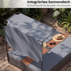 Sonnenliege 2 Personen Gartenliege mit Auflagen Doppelliege mit 5-Fach Verstellbarer Rückenlehne Grau/Beige