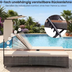 Sonnenliege 2 Personen Gartenliege mit Auflagen Doppelliege mit 5-Fach Verstellbarer Rückenlehne Grau/Beige