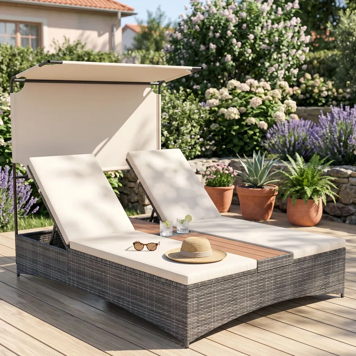 Sonnenliege 2 Personen Gartenliege mit Auflagen Doppelliege mit 5-Fach Verstellbarer Rückenlehne Grau/Beige