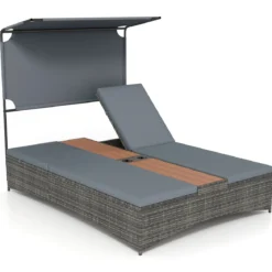Sonnenliege 2 Personen Gartenliege mit Auflagen Doppelliege mit 5-Fach Verstellbarer Rückenlehne Grau/Beige