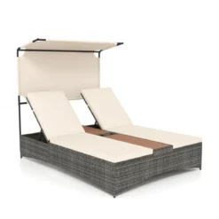 Sonnenliege 2 Personen Gartenliege mit Auflagen Doppelliege mit 5-Fach Verstellbarer Rückenlehne Grau/Beige