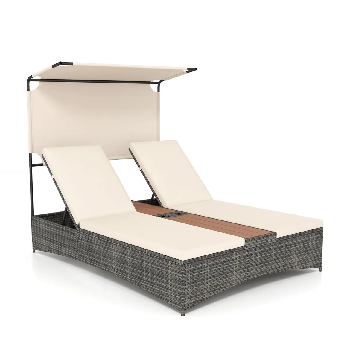 Sonnenliege 2 Personen Gartenliege mit Auflagen Doppelliege mit 5-Fach Verstellbarer Rückenlehne Grau/Beige
