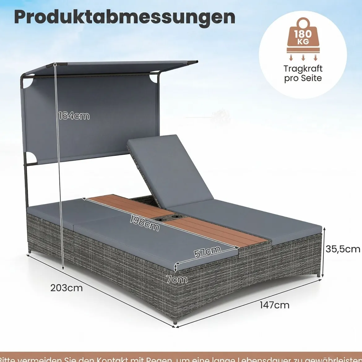 Sonnenliege 2 Personen Gartenliege mit Auflagen Doppelliege mit 5-Fach Verstellbarer Rückenlehne Grau/Beige