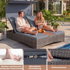 Sonnenliege 2 Personen Gartenliege mit Auflagen Doppelliege mit 5-Fach Verstellbarer Rückenlehne Grau/Beige