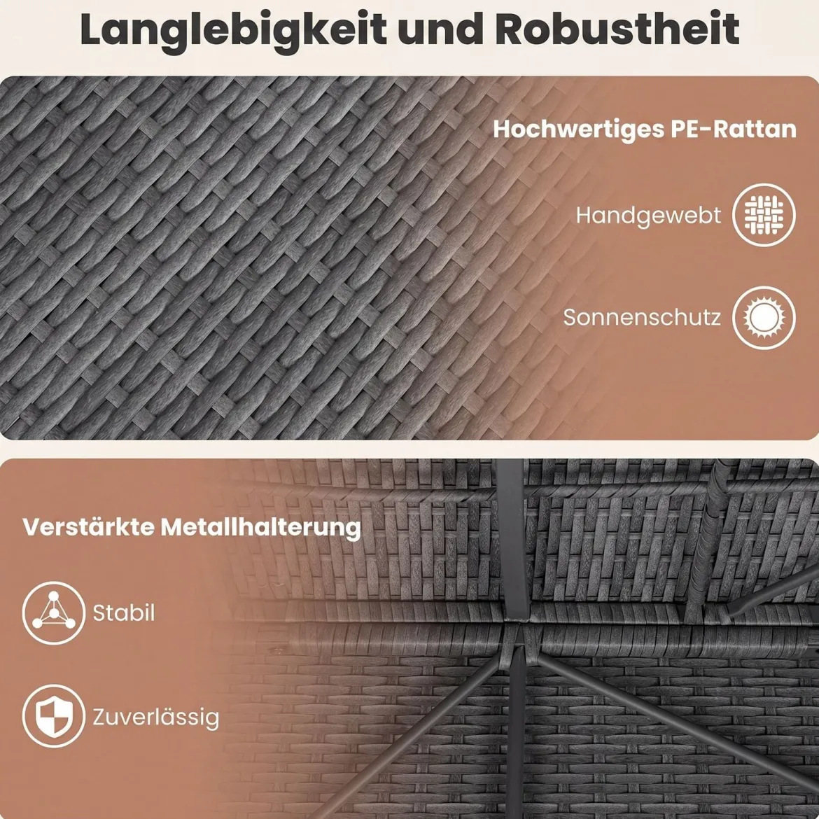 Sonnenliege 2 Personen Gartenliege mit Auflagen Doppelliege mit 5-Fach Verstellbarer Rückenlehne Grau/Beige