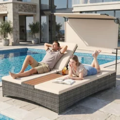 Sonnenliege 2 Personen Gartenliege mit Auflagen Doppelliege mit 5-Fach Verstellbarer Rückenlehne Grau/Beige