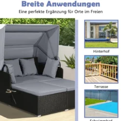 Sonnenliege Rattan für 2 Personen Gartenliege mit Dach Auflage Kissen & ausklappbaren Seitentischen