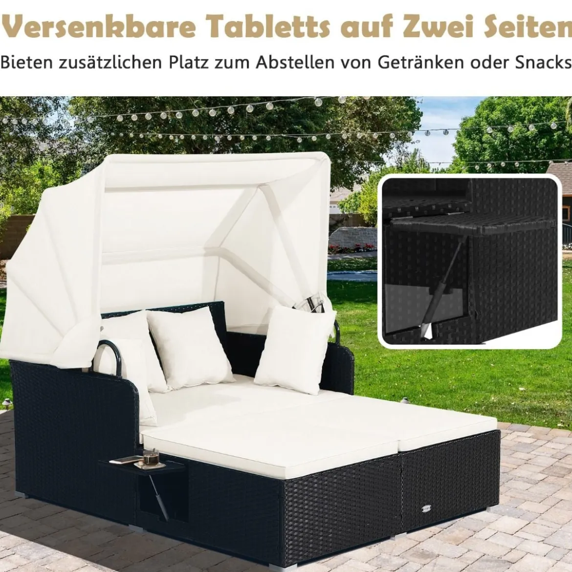 Sonnenliege Rattan für 2 Personen Gartenliege mit Dach Auflage Kissen & ausklappbaren Seitentischen