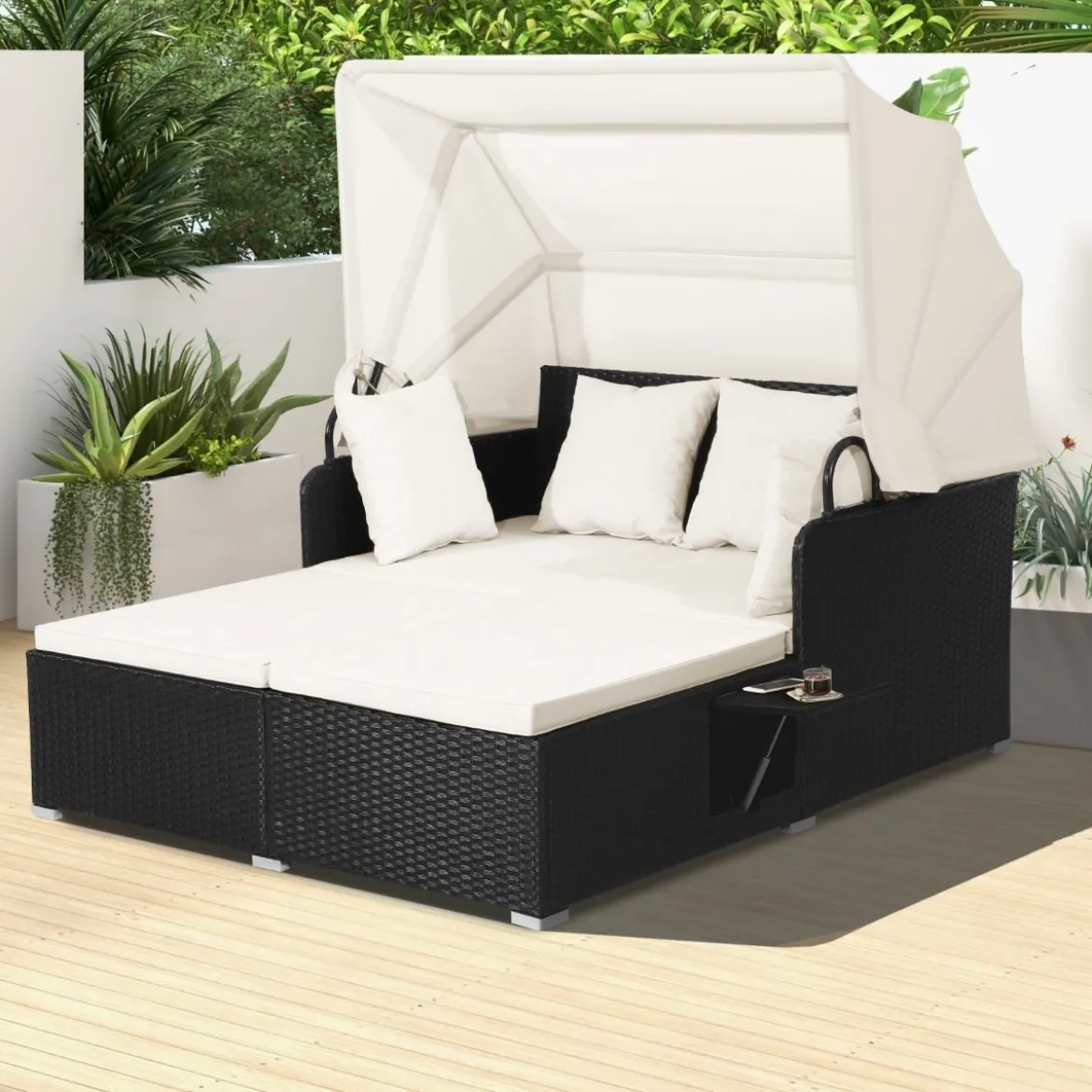 Sonnenliege Rattan für 2 Personen Gartenliege mit Dach Auflage Kissen & ausklappbaren Seitentischen
