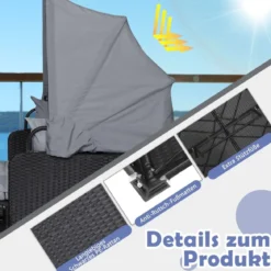 Sonnenliege Rattan für 2 Personen Gartenliege mit Dach Auflage Kissen & ausklappbaren Seitentischen