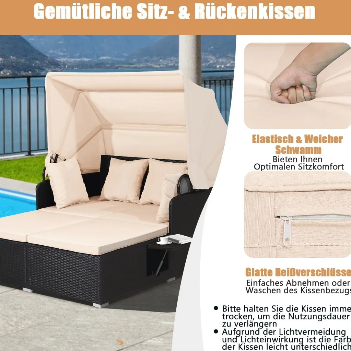 Sonnenliege Rattan für 2 Personen Gartenliege mit Dach Auflage Kissen & ausklappbaren Seitentischen