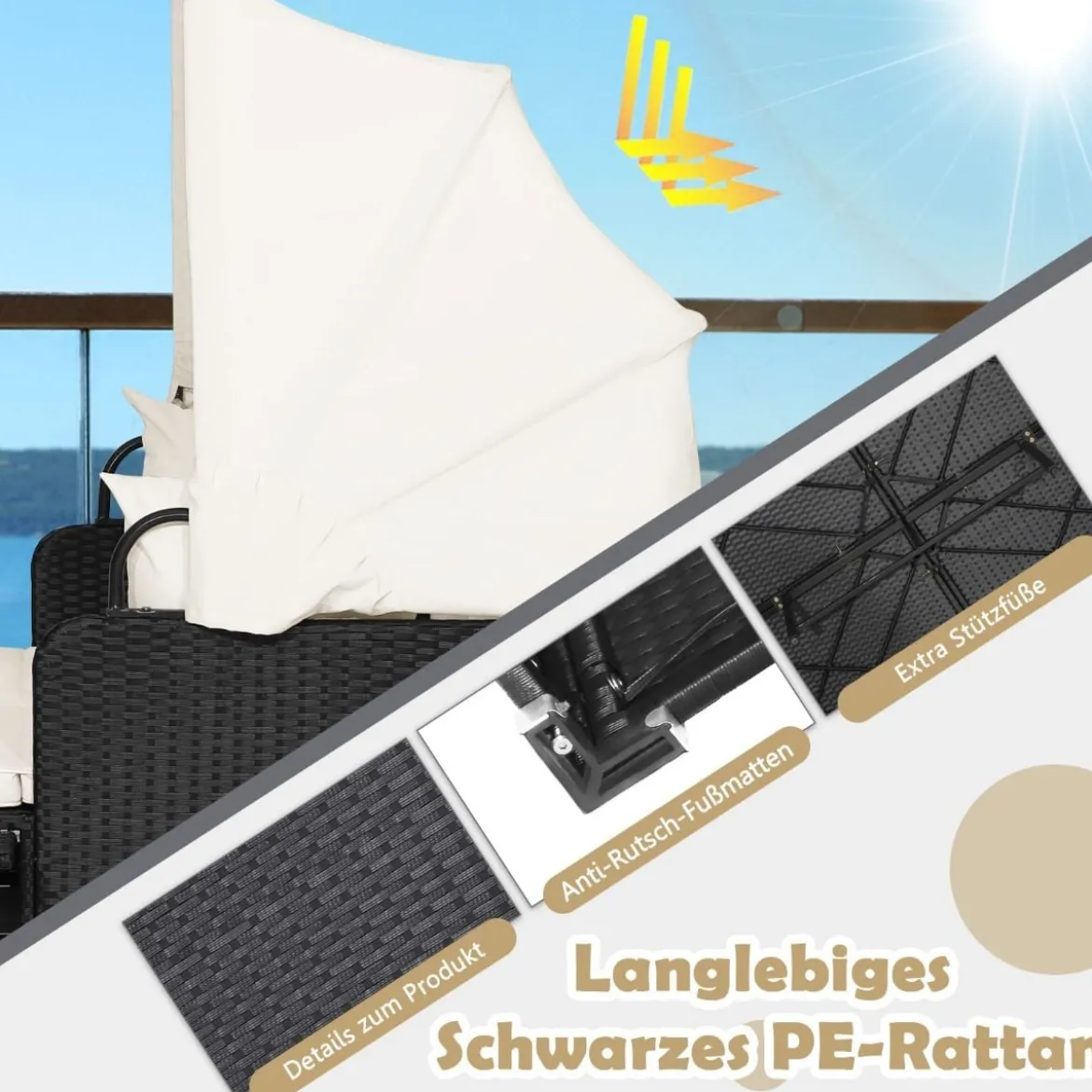 Sonnenliege Rattan für 2 Personen Gartenliege mit Dach Auflage Kissen & ausklappbaren Seitentischen