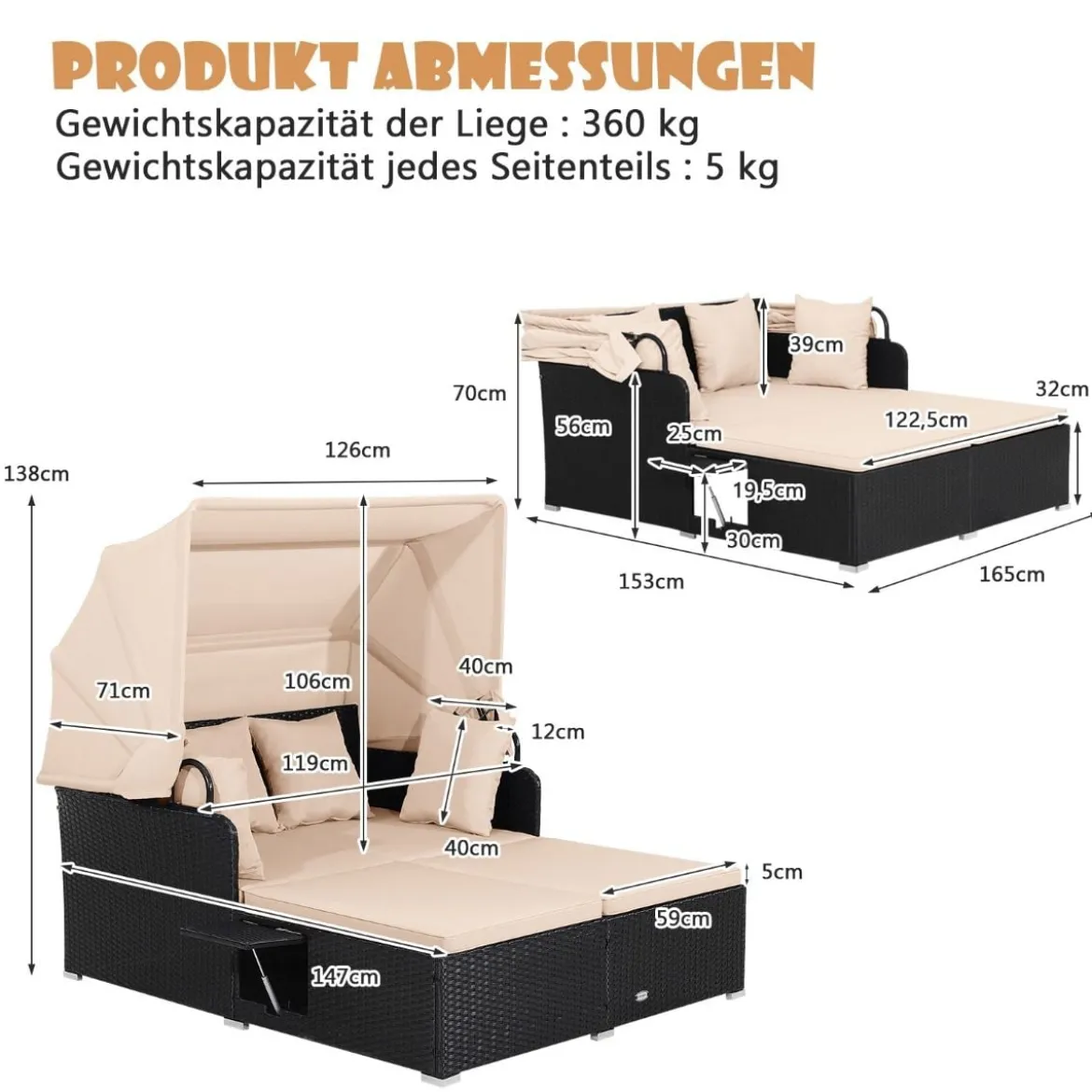 Sonnenliege Rattan für 2 Personen Gartenliege mit Dach Auflage Kissen & ausklappbaren Seitentischen