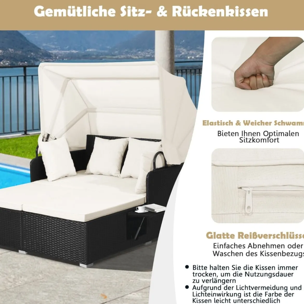 Sonnenliege Rattan für 2 Personen Gartenliege mit Dach Auflage Kissen & ausklappbaren Seitentischen