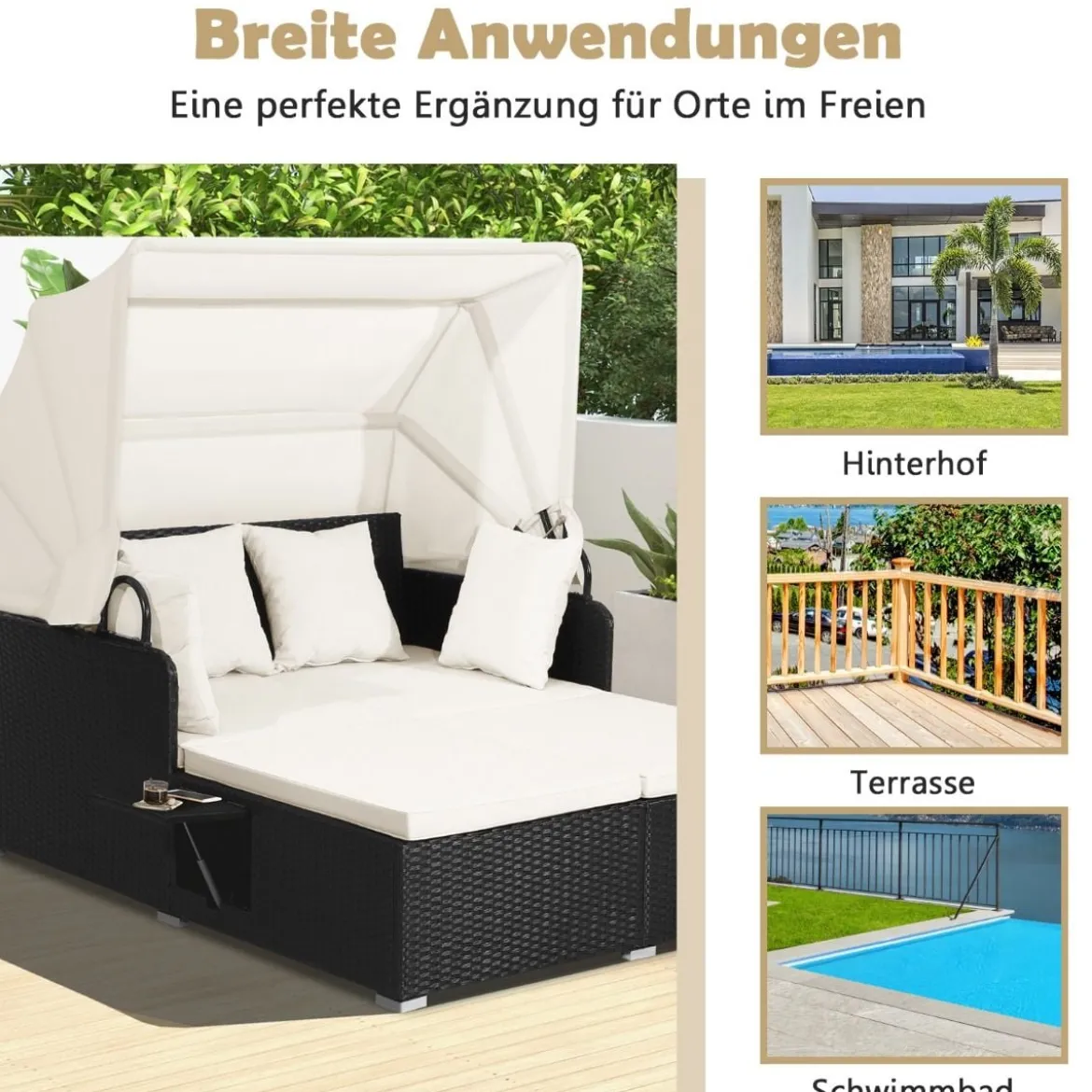 Sonnenliege Rattan für 2 Personen Gartenliege mit Dach Auflage Kissen & ausklappbaren Seitentischen
