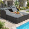 Sonnenliege Rattan für 2 Personen Sonneninsel Outdoor mit Faltbarem Sonnendach Grau