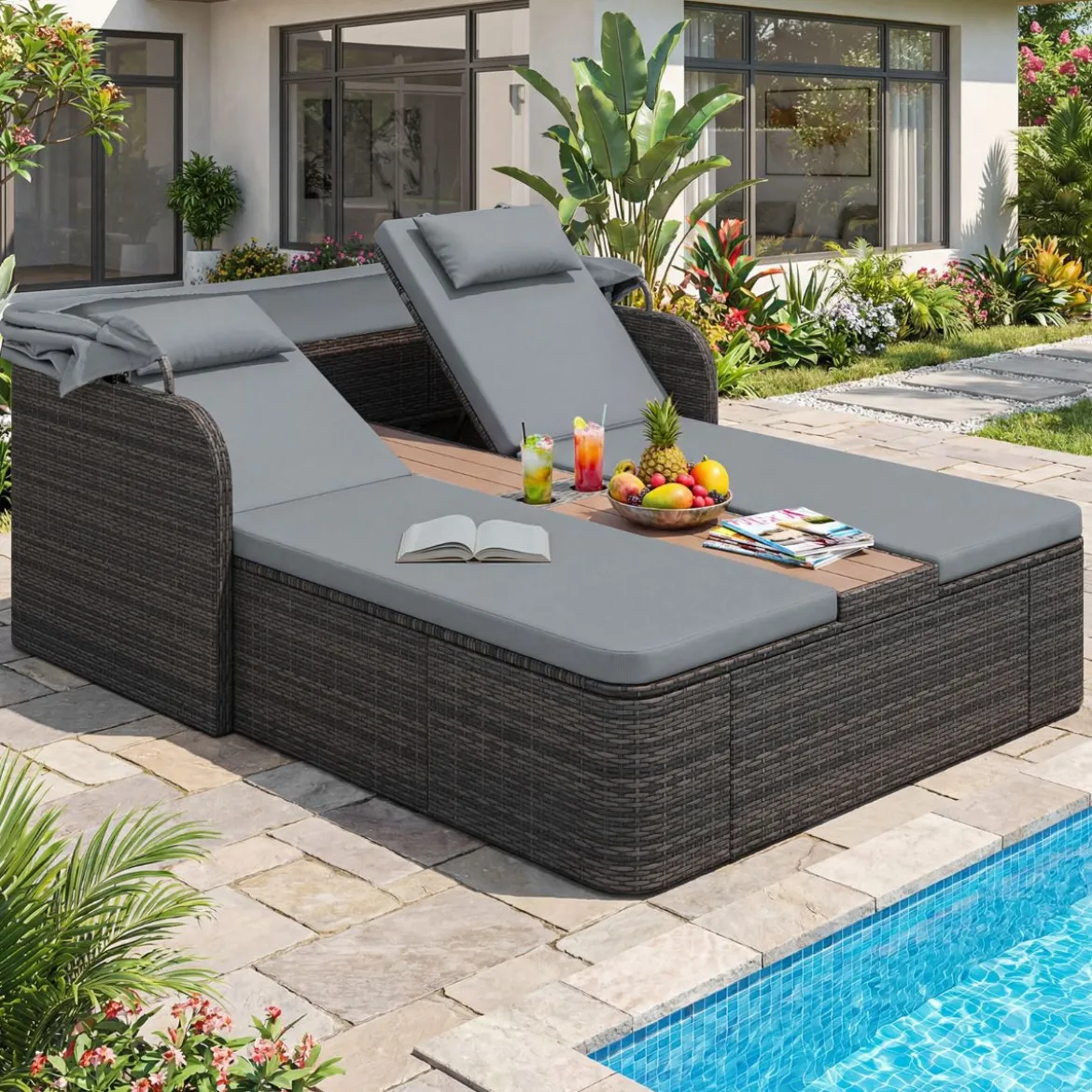 Sonnenliege Rattan für 2 Personen Sonneninsel Outdoor mit Faltbarem Sonnendach Grau