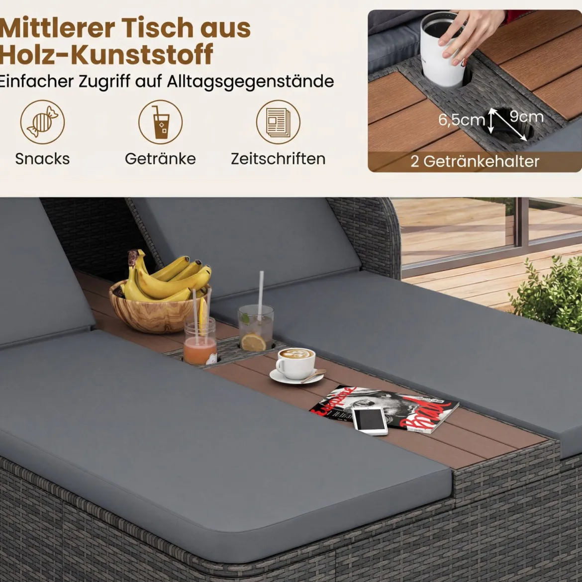 Sonnenliege Rattan für 2 Personen Sonneninsel Outdoor mit Faltbarem Sonnendach Grau