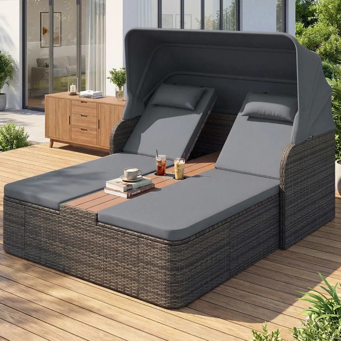 Sonnenliege Rattan für 2 Personen Sonneninsel Outdoor mit Faltbarem Sonnendach Grau