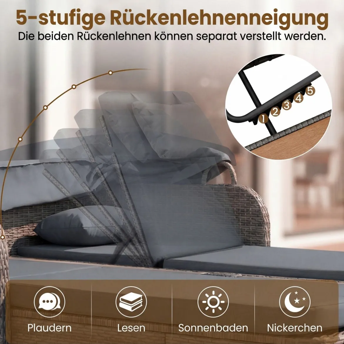 Sonnenliege Rattan für 2 Personen Sonneninsel Outdoor mit Faltbarem Sonnendach Grau