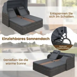 Sonnenliege Rattan für 2 Personen Sonneninsel Outdoor mit Faltbarem Sonnendach Grau