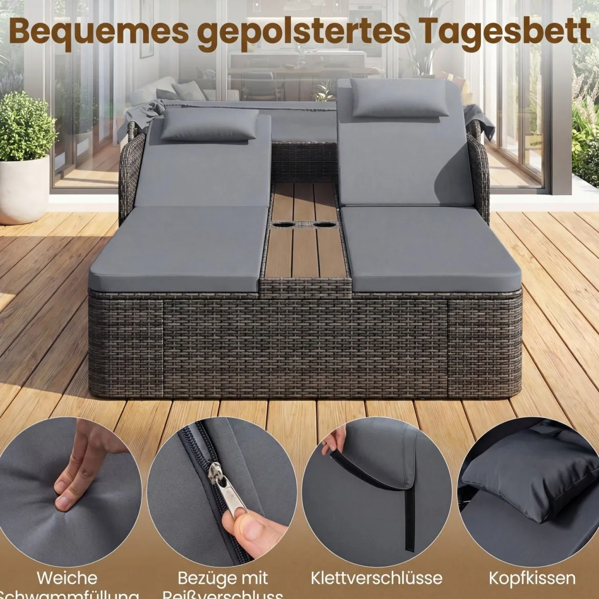 Sonnenliege Rattan für 2 Personen Sonneninsel Outdoor mit Faltbarem Sonnendach Grau
