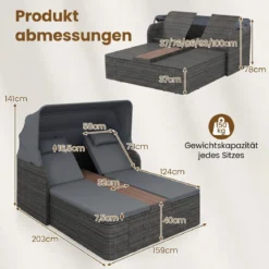 Sonnenliege Rattan für 2 Personen Sonneninsel Outdoor mit Faltbarem Sonnendach Grau