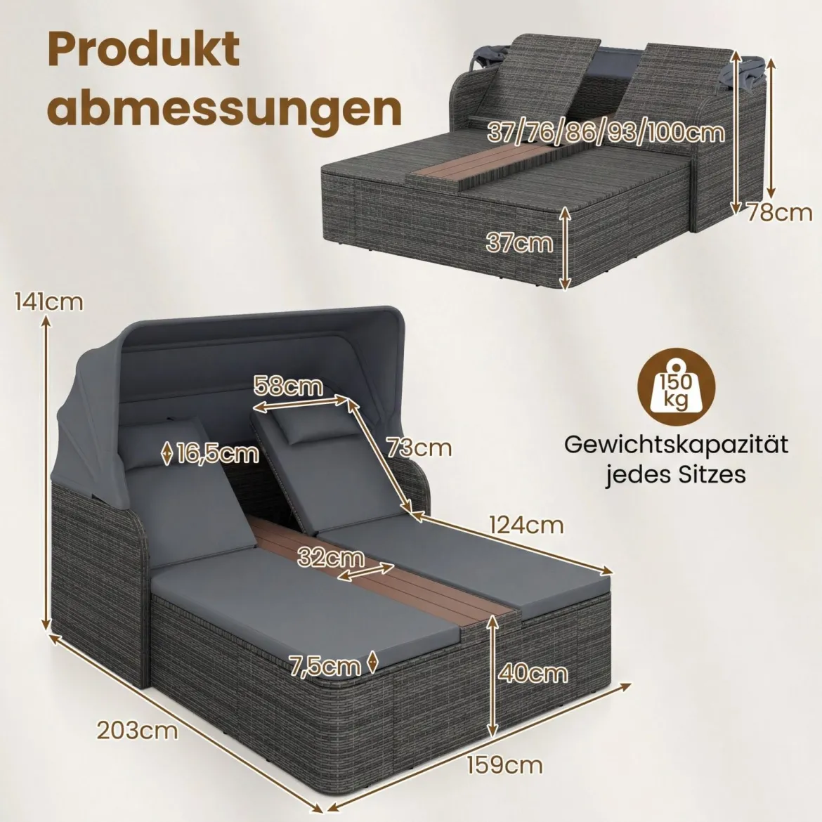 Sonnenliege Rattan für 2 Personen Sonneninsel Outdoor mit Faltbarem Sonnendach Grau