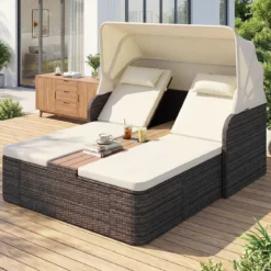Sonnenliege Rattan für 2 Personen Sonneninsel Outdoor mit Faltbarem Sonnendach Beige